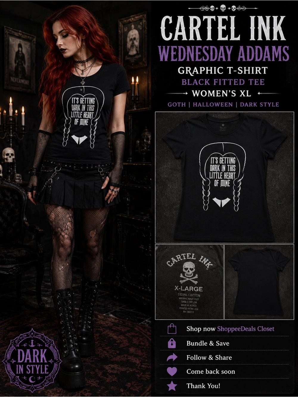 Cartel Ink Wednesday Addams Graphic T-Shirt Black Fitted Tee Goth Halloween